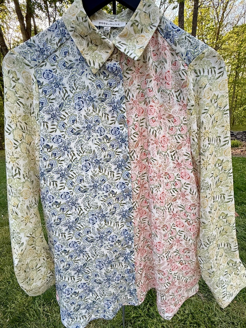 the Rose + Olive Patchwork Floral Collared Button-Up Blouse